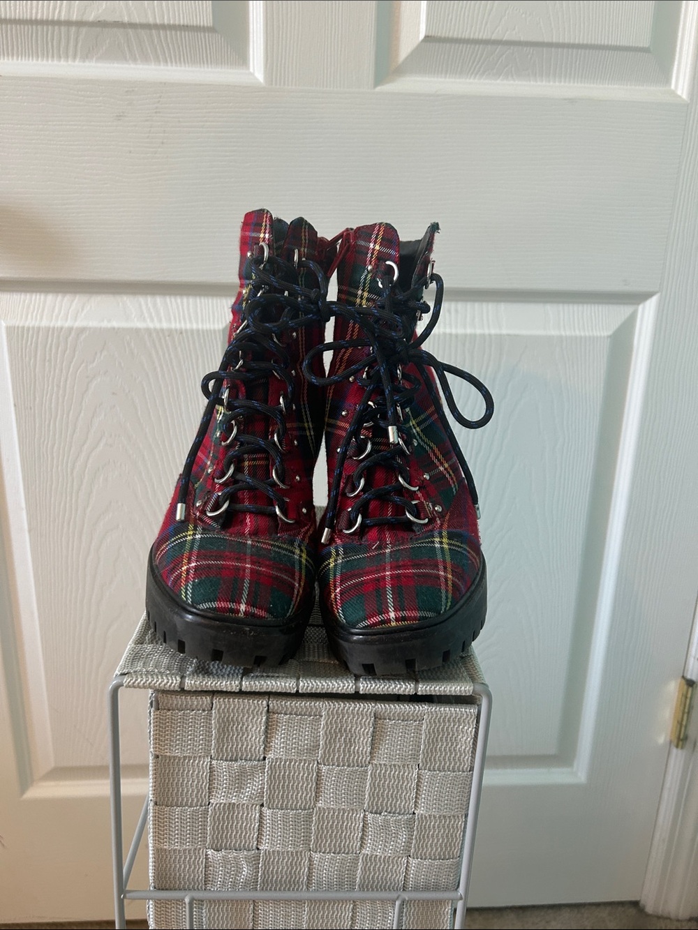 Dolce & Gabbana Red Plaid Lace-Up Combat Boots
